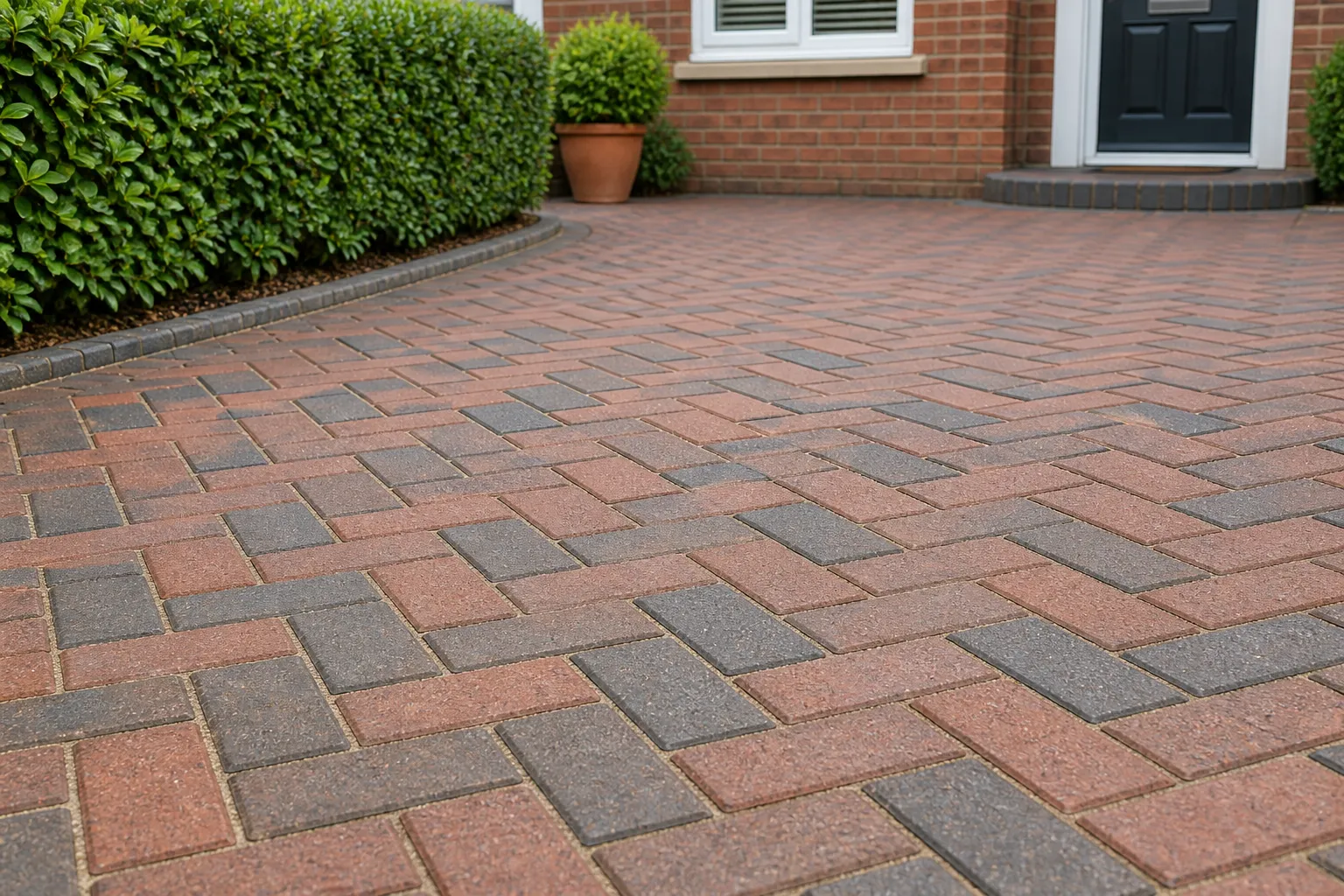 Herringbone block paving with visible sand-filled joints
