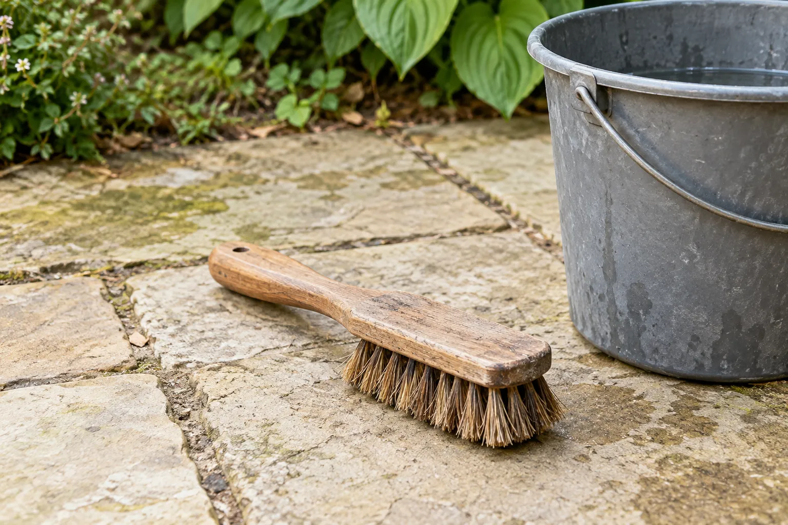 Outdoor brush and bucket resting on stone paving