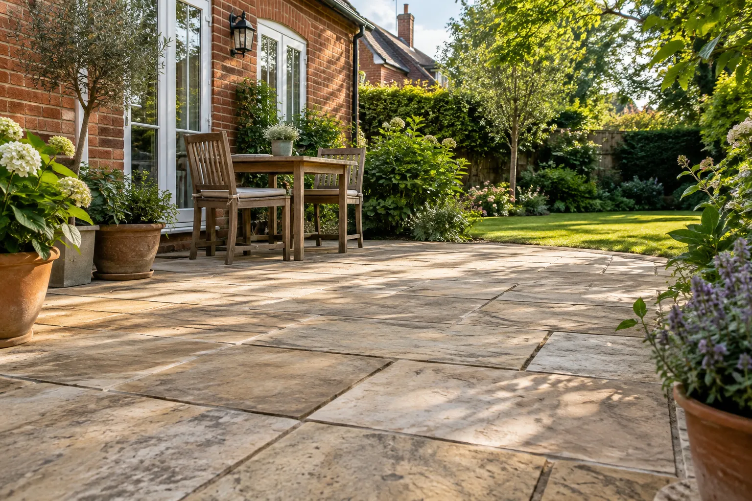 Sandstone patio beside a red-brick home and leafy garden