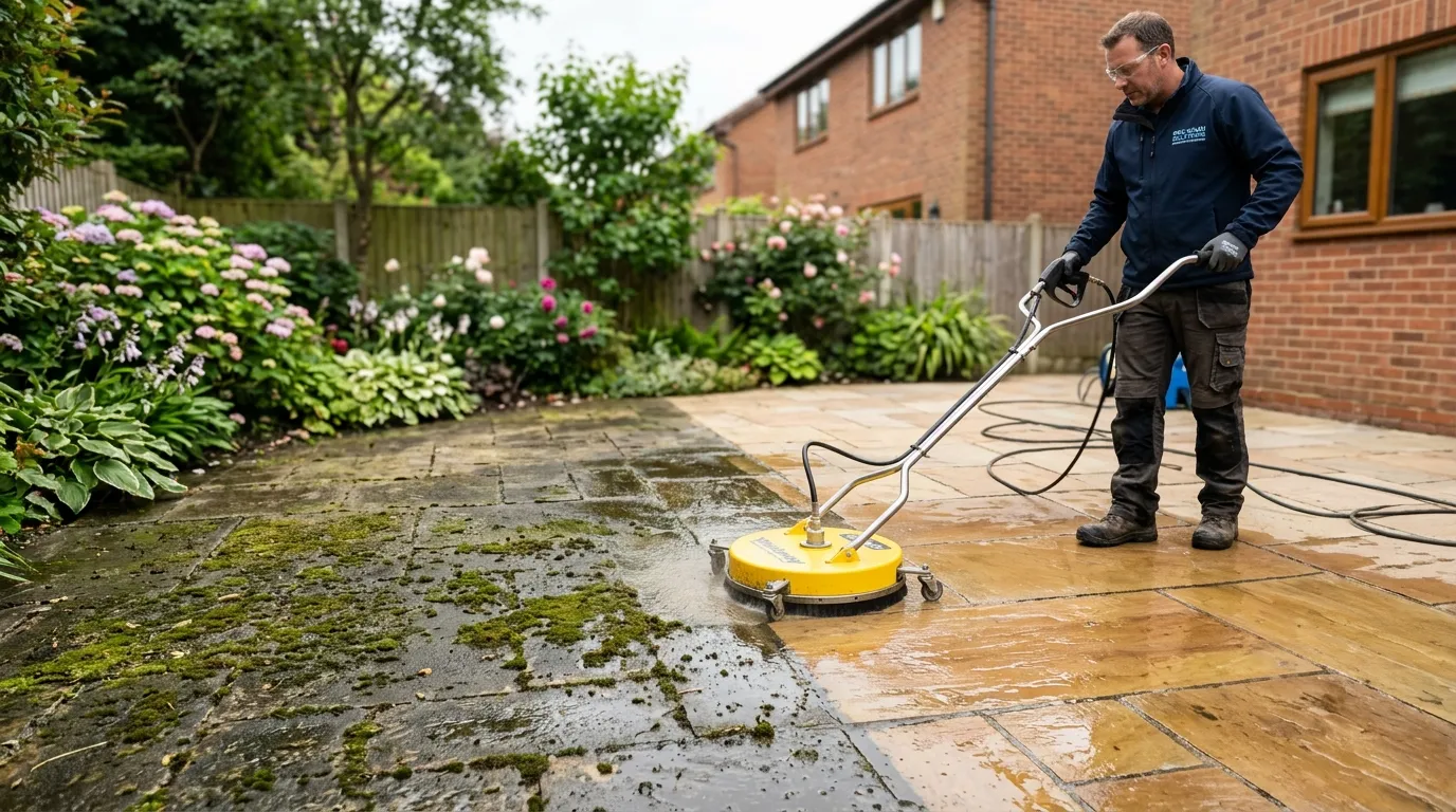 After: Pristine stone patio restored with commercial rotary cleaner