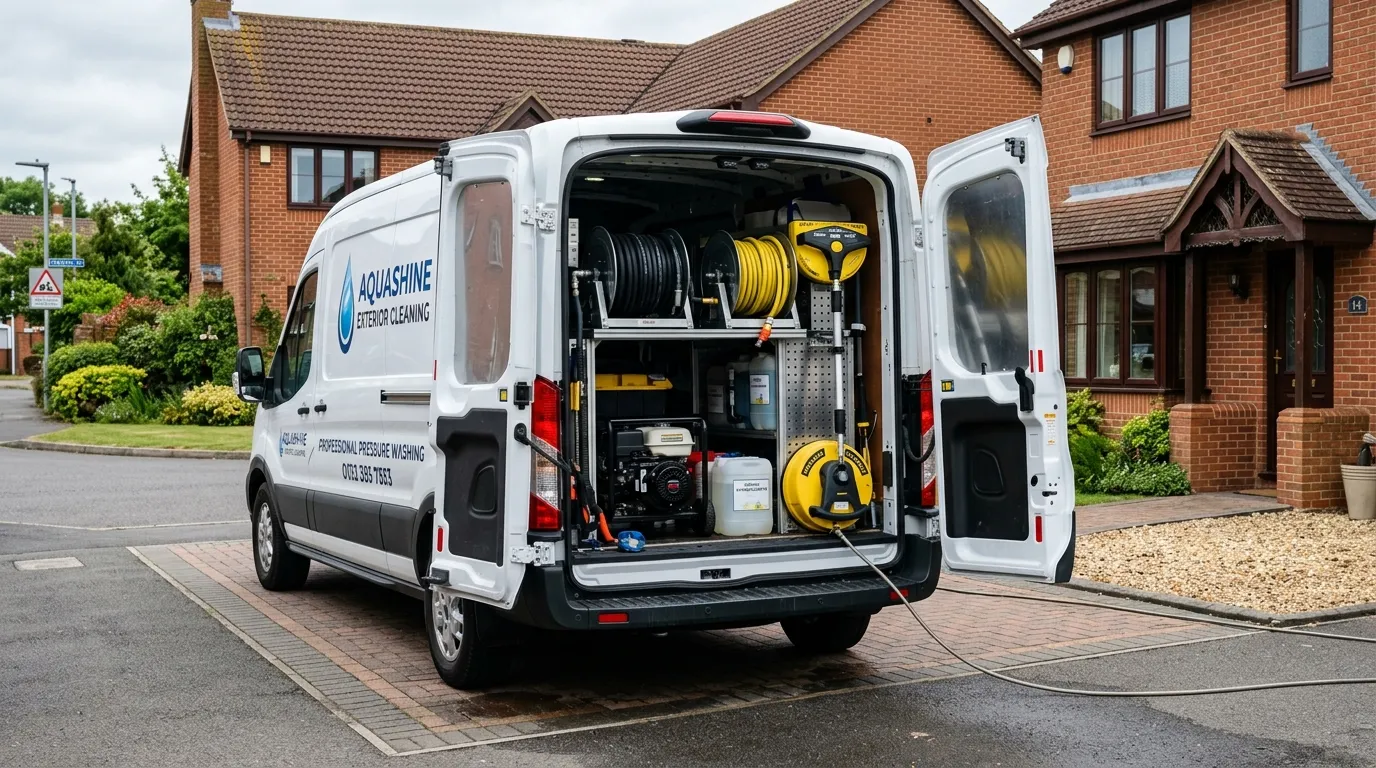 Commercial British exterior cleaning trade van with pressure washing rig